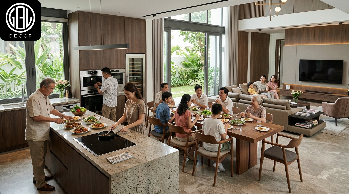 Tối Ưu Bố Cục Phòng Bếp Tiệc Và Khu Vực Sinh Hoạt Chung Gia Đình